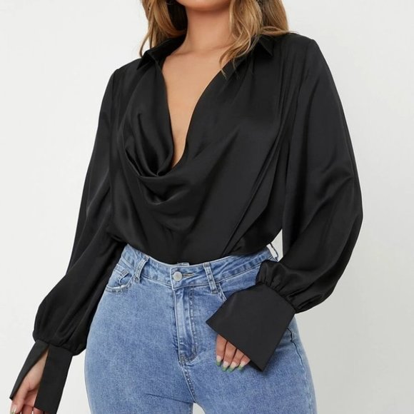 . Tops - Draped Cowl Neck Long Lantern Bishop Sleeve Blouse - Satin black